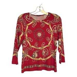 J.McLaughlin Silk  Designer Top Equestrian Red Gold Print‎ Long Sleeve Blouse M